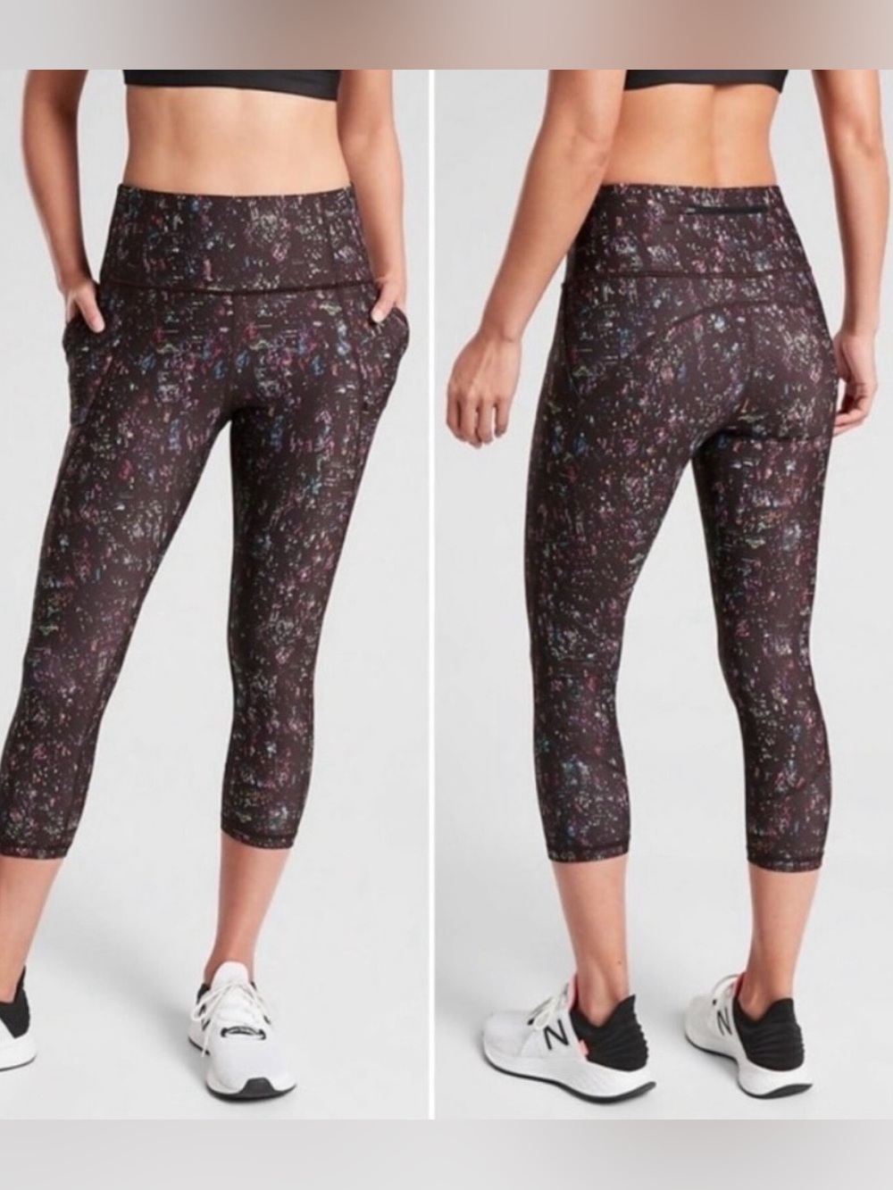 Athleta Lightning City Lights Black Capri Leggings with Multicolor Speckle Print